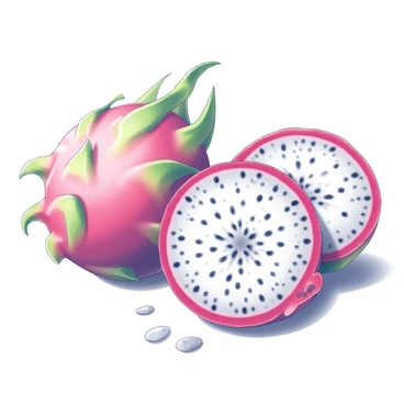 A dragon fruit, with a textured exterior covered in green scales and pink-toned skin, is sliced in half to display its interior. The flesh of the fruit is white and filled with small, black speckles, contrasting with the vibrant colors of the outer skin. The cut sections showcase the juicy, succulent texture of the fruit, with some of the interior spilling slightly onto the surface beneath it.
