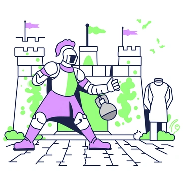 A knight in shining armor is swinging a kettlebell in the center of a medieval castle courtyard. The knight has a helmet adorned with a plume and a breastplate reflecting sunlight. The kettlebell is heavy and cast in a metallic finish. Surrounding the knight are stone walls of the castle, with ivy climbing up the sides. In the background, there are tall towers with flags fluttering in the breeze. The ground is cobblestone, and a wooden training dummy is positioned to the right, showing signs of wear. A few birds can be seen flying in the clear sky above.