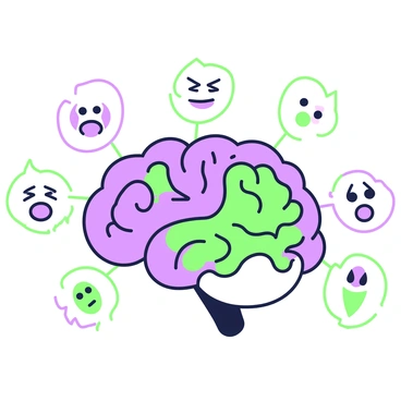 A diagram of the brain highlighting its emotional centers. The brain is illustrated with labeled regions, each representing different emotional centers. Surrounding the brain, there are icons symbolizing various emotions such as happiness, sadness, anger, and fear. These icons are visually distinct, with features that clearly identify each emotion. The overall composition centers on the brain, creating a clear representation of how emotions are represented within it.