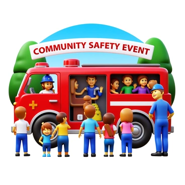 A group of children gathered around a bright red fire truck. The fire truck is shiny and has various emergency equipment visible, such as hoses and ladders. Some children are climbing into the driver's seat, while others are looking through the open compartments filled with tools. Their faces show expressions of excitement and curiosity. A firefighter stands nearby, smiling and answering questions from the children. The setting includes a banner that reads "Community Safety Event" in bold letters. The background features trees and a clear blue sky.