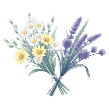 Two intertwined bouquets of wildflowers are displayed elegantly. The first bouquet features a combination of delicate daisies, vibrant yellow buttercups, and an assortment of green foliage that adds texture. The second bouquet includes striking purple wildflowers and lush grasses, complementing the first with its diverse shapes and forms. The bouquets are arranged closely, their stems twisting around each other, creating a harmonious and balanced composition.