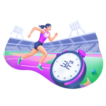A vibrant illustration depicting an "athlete" sprinting on a "test track". The athlete is wearing a sleek, modern racing outfit and has a focused expression. In the foreground, there is a prominent "stopwatch" with clear numbers, showing the elapsed time, and its buttons are visible for detail. The background includes lane markings on the track and a blurred stadium full of spectators, enhancing the dynamic feel of the scene.