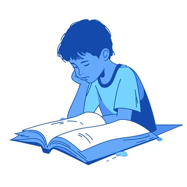 A blue child is resting their chin on their left hand, appearing deep in thought. Their right hand is gently placed on the cover of a large white book that is open in front of them. The child's gaze is directed downwards, focusing on the text or illustrations in the book. Soft light casts gentle shadows, enhancing the thoughtful expression on the child's face.