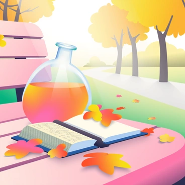 A glass flask is resting on a wooden park bench. The flask is filled with a light amber liquid, and its surface reflects the soft sunlight filtering through the trees. Surrounding the flask are scattered autumn leaves in vibrant shades of orange, red, and yellow, creating a colorful carpet on the bench. Next to the flask, there is an open book with a weathered cover, its pages slightly fluttering in the gentle breeze. In the background, trees with golden foliage create a warm atmosphere, while a pathway lined with more autumn leaves leads away from the bench.