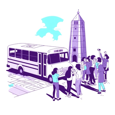 A white school bus is parked on the side of a cobblestone path near a historical monument. The monument is tall, made of stone with intricate carvings, casting a shadow on the ground. A group of students is gathered around, excitedly taking pictures with their smartphones. Some students are smiling and posing in front of the monument while others are capturing the bus in the background. The sun is shining brightly, illuminating the scene and creating a lively atmosphere.
