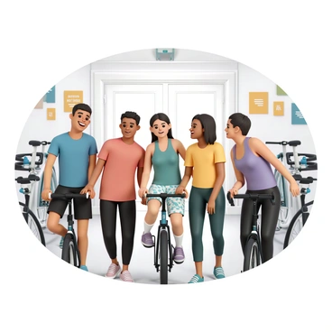 A group of five enthusiastic newcomers, wearing colorful athletic wear, enters a brightly lit indoor cycling studio. Each person has a unique style: one is in a blue tank top and black shorts, another in a red shirt and leggings, another in a green sleeveless top and patterned shorts, and two others in yellow and purple tops. They are smiling and chatting with one another, displaying expressions of excitement and curiosity as they prepare for the class. The studio features rows of stationary bikes, some with water bottles and towels positioned on them, while motivational posters are visible on the walls. The atmosphere is energetic, with music notes subtly implied in the air to enhance the lively mood.