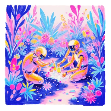 A group of robots with sleek designs and metallic surfaces is tending to a futuristic garden. Each robot is engaged in different activities, such as watering plants, pruning leaves, and collecting data displayed on digital screens. The garden is filled with various plants that emit a soft glow in vibrant colors, such as neon blue, bright green, and radiant purple. The plants have unique shapes, some resembling oversized flowers and others like luminescent ferns. The ground is covered with smooth pebbles, and there are small pathways winding through the garden, framed by glowing flora. The atmosphere is energized with the bright illumination from the plants, creating a captivating and otherworldly environment.