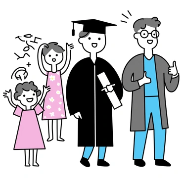 A graduate wearing a black cap and gown stands in the center, holding a rolled diploma in one hand. They have a proud smile on their face. Surrounding the graduate are three family members. To the left, a woman with short hair is wearing a floral dress, smiling joyously. On the right, a man with glasses is dressed in a blue shirt and gray blazer, giving a thumbs up. Behind them, another relative, a young girl in a pink dress, raises her hands in excitement.