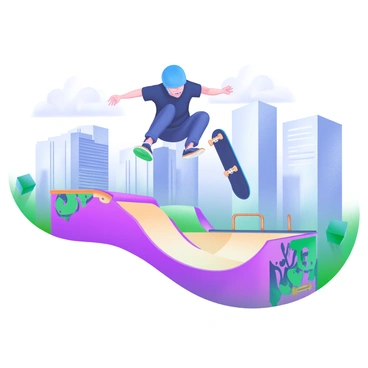 A skateboarder is captured mid-air, executing an aerial trick above a skatepark. The skateboarder wears a bright blue helmet and a black t-shirt, with their skateboard angled beneath their feet. In the background, the cityscape is visible, showcasing tall buildings with glass windows reflecting the sunlight. The sky is a light pastel blue, with a few fluffy white clouds. The skateboard park features ramps and graffiti, adding vibrant colors to the scene.