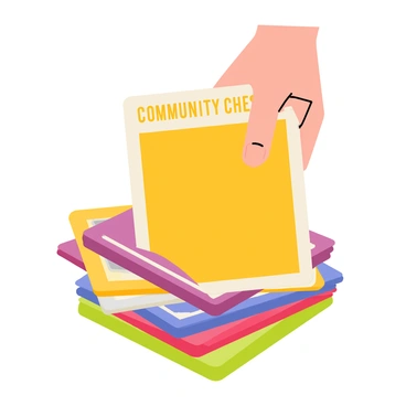A "Community Chest" card is being drawn from a stack of various colorful game cards. The card is prominently displayed with a bright yellow background featuring the words "Community Chest" in bold letters at the top. A hand, shown in a cartoon style, reaches towards the card with fingers slightly curled, suggesting a sense of eagerness. The stack of cards beneath the hand includes other game cards with distinct colors and patterns, enhancing the sense of a playful game atmosphere. The overall scene conveys a moment filled with excitement and anticipation.