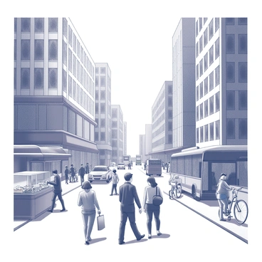 A busy city street filled with people. There are individuals walking briskly, some carrying bags, while others are engaged in conversation. Tall buildings surround the street, with large glass windows reflecting the scene below. Street vendors with carts are selling food, and a bicycle is parked nearby. Cars are driving down the road, and a bus is stopping at a nearby bus stop where passengers are waiting. The sky is clear, creating an atmosphere of a vibrant urban environment.