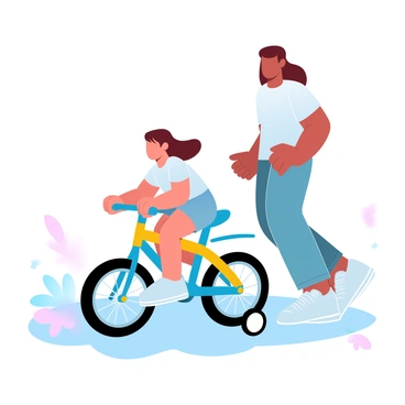 A child is riding a bicycle equipped with training wheels, gripping the handlebars with both hands. The bicycle is colorful, featuring bright blue and yellow elements. A parent is positioned next to the child, holding onto the back of the bicycle seat with one hand to ensure stability. The parent is wearing a casual outfit, and they appear focused and supportive. The scene includes a soft, grassy park area in the background with a few scattered wildflowers. A gentle breeze causes some leaves to flutter nearby.