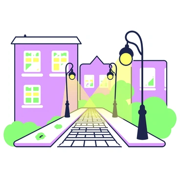 A cobblestone street is illuminated by warm light from several streetlamps. The streetlamps are evenly spaced along the path, casting a soft glow that creates gentle shadows on the cobblestones. The cobblestones have a slightly wet appearance, reflecting the light. In the background, the outlines of quaint buildings can be seen, with windows that have faint light peeking through. A few leaves are scattered on the ground, adding to the tranquil atmosphere of the evening scene.