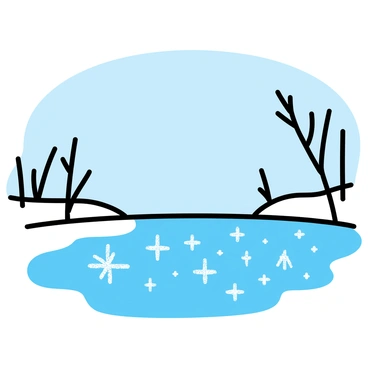 Ice crystals are forming on the surface of a pond, creating a delicate layer of frost. The crystals shimmer and reflect the soft rays of the morning sun, casting small sparkles of light. Gentle waves ripple beneath the ice, and the surrounding area features bare branches of nearby trees. The sky is a light blue, indicating a clear morning.