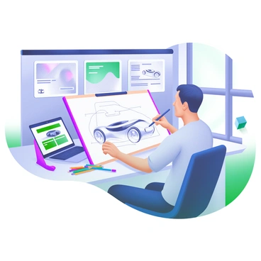 A designer sketching a futuristic concept design for an electric car