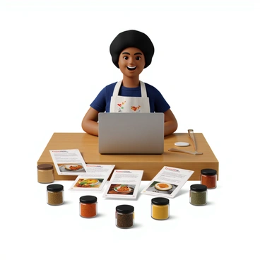 A food enthusiast with medium skin and short curly hair is sitting at a wooden table. They are smiling while typing on a laptop, which is open in front of them, displaying a cooking blog. Surrounding the laptop are colorful recipe cards, each featuring different dishes with clear illustrations and text. A variety of spices in small glass jars are arranged neatly nearby, including paprika, cumin, and dried basil. The enthusiast wears a casual blue shirt and an apron with a playful kitchen print.