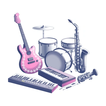 An array of musical instruments displayed together. There is a guitar with a unique shape, decorated in intricate patterns and featuring bright pink colors. Next to it, a keyboard stands out with a sleek design, featuring a purple body and an array of buttons. Other instruments include a drum set with a polished surface and a brass saxophone resting nearby. Each instrument has distinct features and textures, emphasizing their individuality and style.