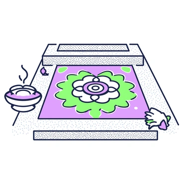 An intricate rangoli design is displayed on a doorstep. The design features a symmetrical pattern with detailed motifs, including floral and geometric shapes. The rangoli is created using fine powders arranged in various shades, with several vibrant sections filling the spaces of the design. Surrounding the rangoli, the doorstep is made of textured stone, and there are small decorative elements such as a clay diya on one side, casting a soft shadow.