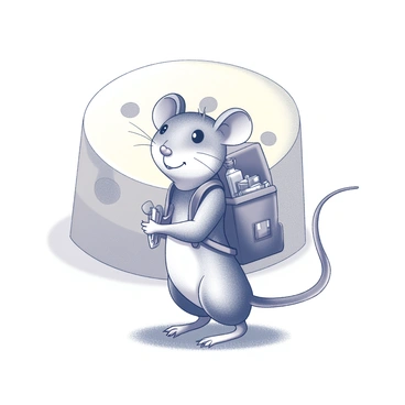 A small mouse standing upright on its hind legs. The mouse is holding a tiny backpack with its front paws, which is securely fastened and filled with various miniature supplies. It has a determined expression on its face, suggesting excitement and purpose. The mouse is positioned on a grassy patch, ready to embark on its journey. In the background, there is an oversized cheese wheel, emphasizing the goal of its adventure. The scene captures the moment just before the mouse begins its quest.