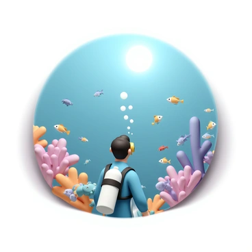 A diver, wearing a blue wetsuit, an oxygen tank on their back, and a mask, is positioned underwater. They are observing a variety of colorful fish swimming gracefully among vibrant coral formations. The coral is in shades of pink, orange, and purple, creating a lively underwater landscape. Small schools of fish dart around, displaying hues of yellow, blue, and red, while the diver's bubbles rise towards the surface. Sunlight filters down from above, illuminating the scene with a bright glow.