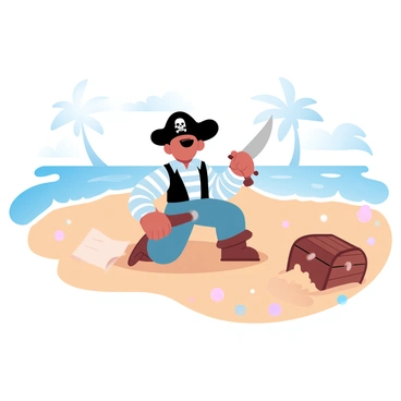 A boy dressed as a pirate is crouched down on a sandy beach, holding a wooden sword in one hand and a treasure map in the other. He is wearing a striped shirt, a black vest, and a pirate hat with a skull emblem. Around him, there are small, colorful seashells scattered across the sand. In the distance, gentle waves are rolling onto the shore, and a wooden chest partially buried in the sand is visible nearby. A few palm trees can be seen swaying lightly in the background.