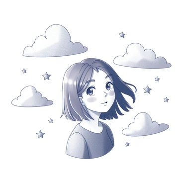 A person is depicted in a close-up portrait view, with a slightly tilted head and a soft expression. Their hair is flowing gently, as if affected by a light breeze. Surrounding the person are sketched clouds that exhibit a fluffy texture, creating a whimsical atmosphere. Scattered among the clouds are various stars, some large and prominent while others are small and subtle. The overall composition evokes a sense of calm and tranquility, with the elements harmoniously blending together.
