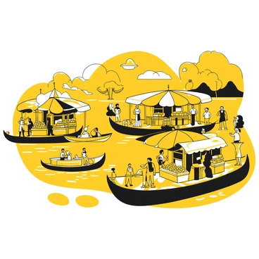 A vibrant scene at a river market filled with activity. Grain barges are lined up along the riverbank, each transformed into shop stalls displaying a variety of goods. Vendors are actively engaging with customers, showcasing fruits, vegetables, and handmade crafts. Colorful fabric canopies are strung above the stalls, providing shade. In the background, a few people are seen using small boats to navigate the river, while others are browsing through the wares on the barges. The atmosphere is lively, with people exchanging goods and laughter in the air.