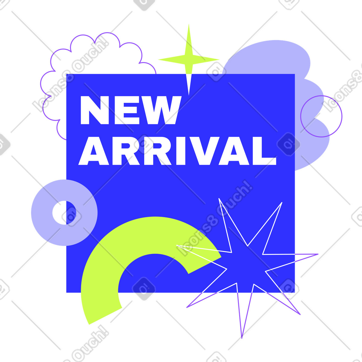 Ilustración Nuevo texto de llegada sobre fondo abstracto geométrico con estrellas en estilo Typography a descargar en PNG y SVG