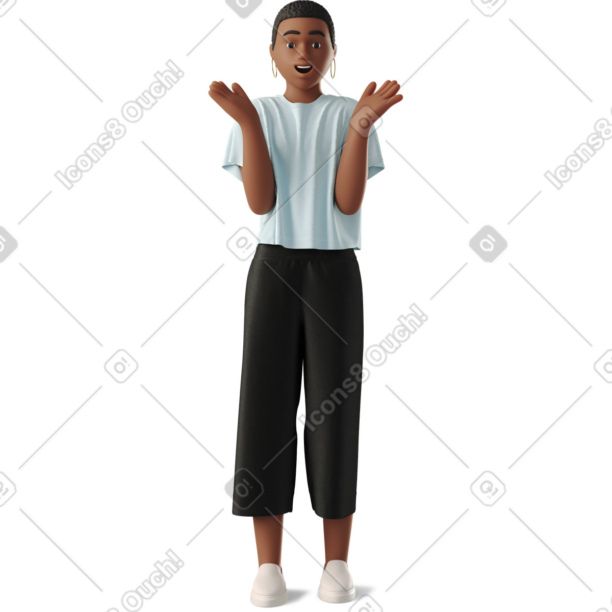 Illustration Young woman joyfully raised her hands dans le style 3D Business à télécharger aux formats PNG, SVG