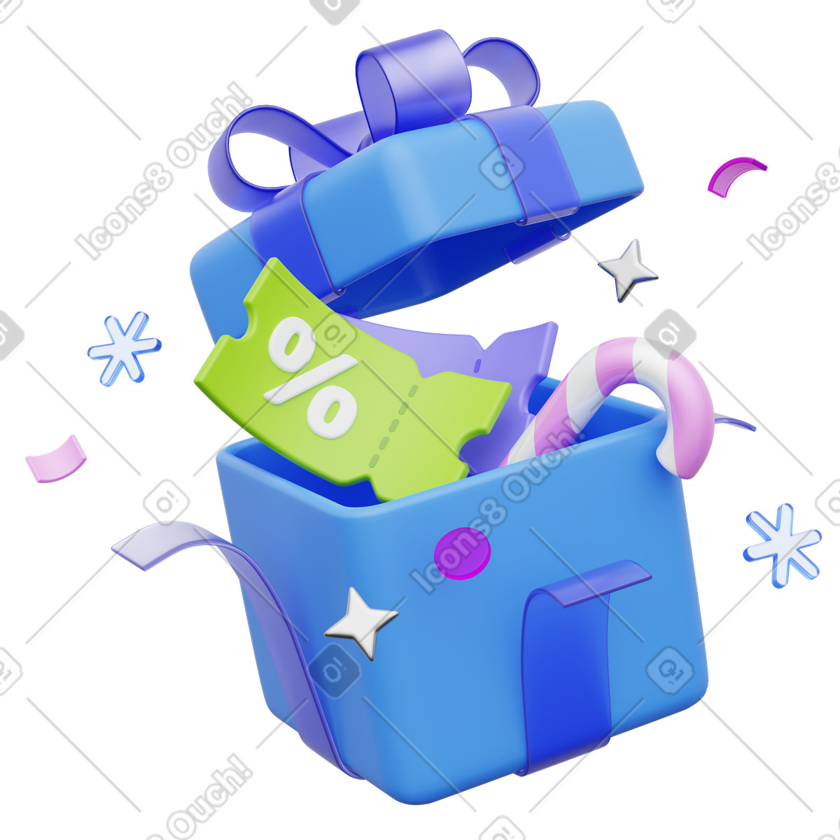 Ilustração de Caixa presente com cupom desconto e bengala doce, promoção fim ano. em no estilo 3D Playful para baixar em PNG, SVG