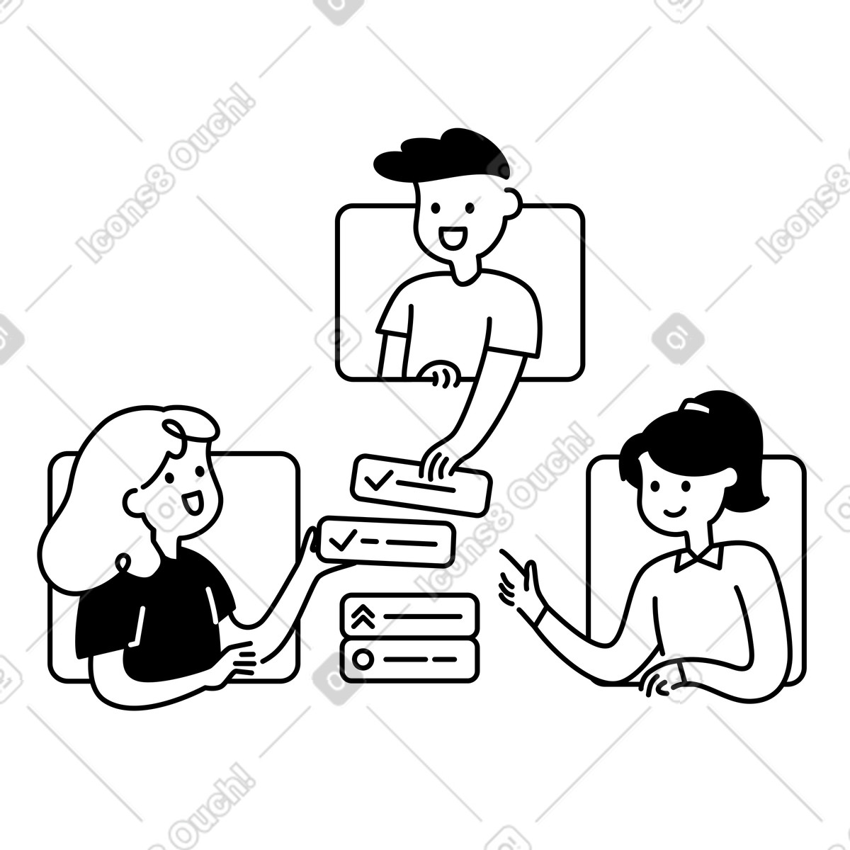 Team collaboration sharing task cards during online project meeting-Illustration im Notion Line Art-Stil als Download in PNG, SVG