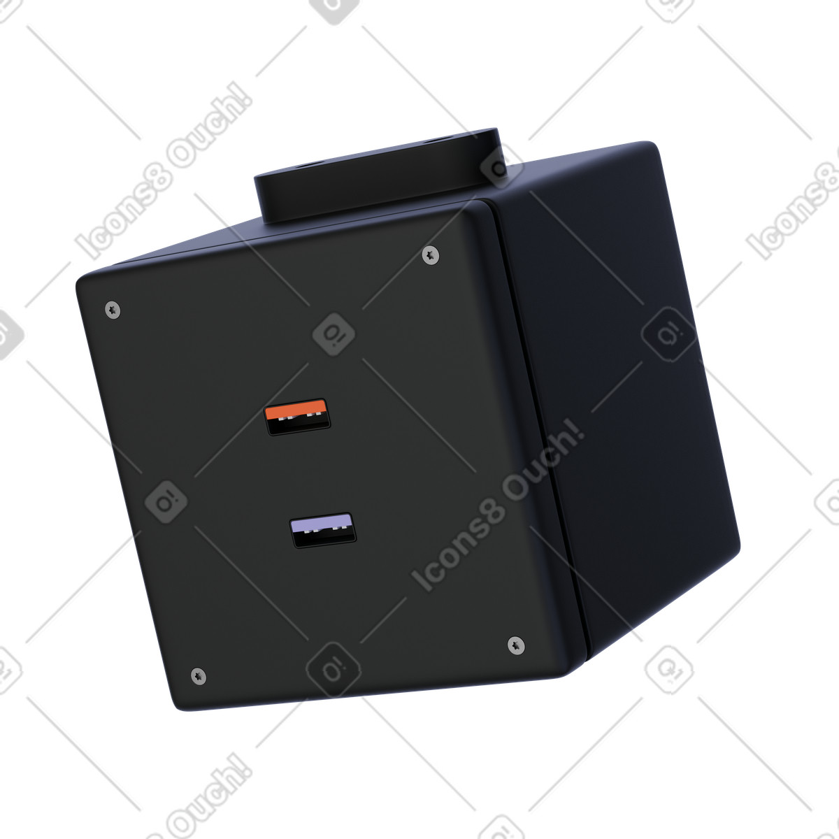 Ilustración Black usb hub power strip cube, Extension socket adapter, Electrical outlet render en estilo 3D Product a descargar en PNG y SVG