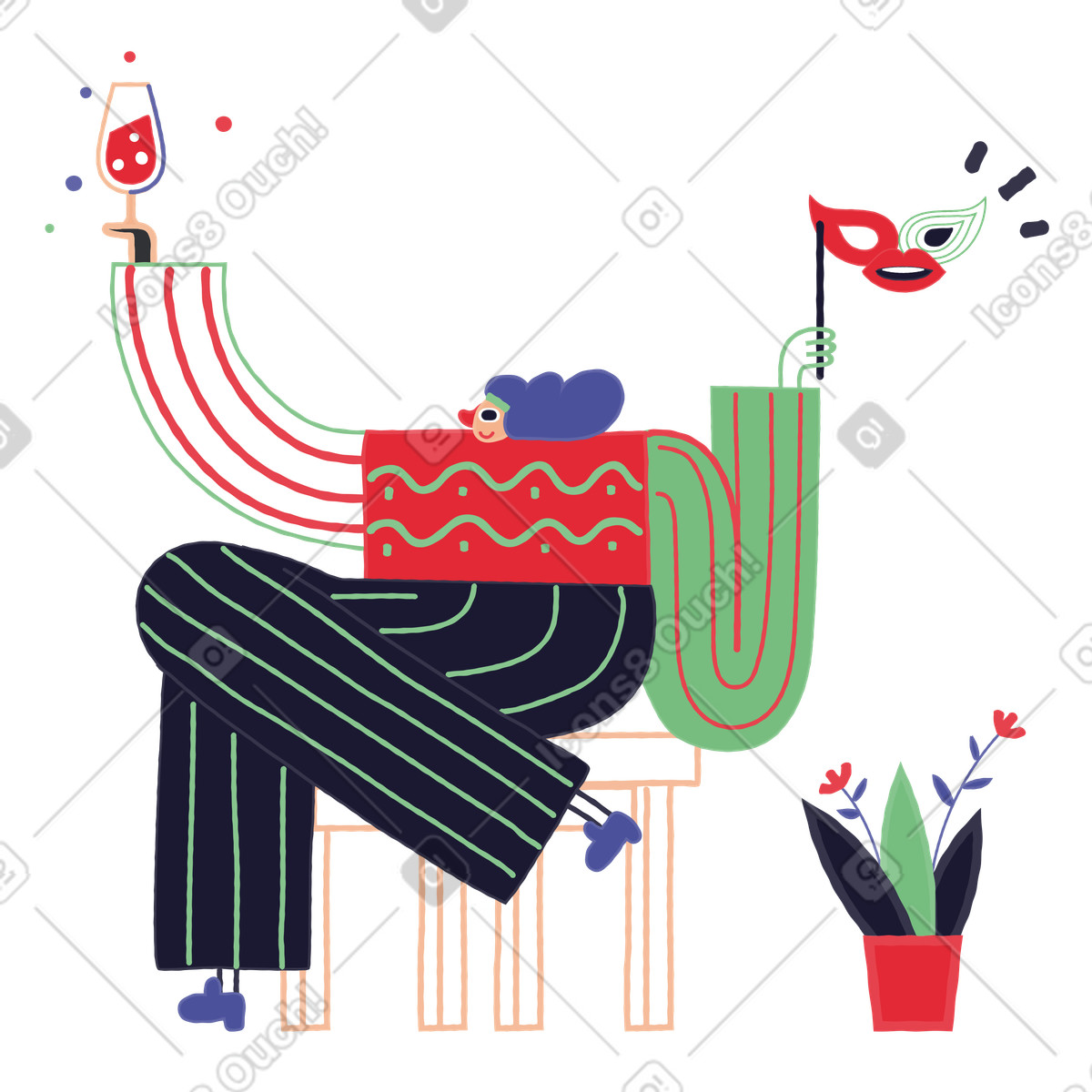 Illustration Femme avec un verre de vin assis lors d'une fête dans le style Stripy à télécharger aux formats PNG, SVG