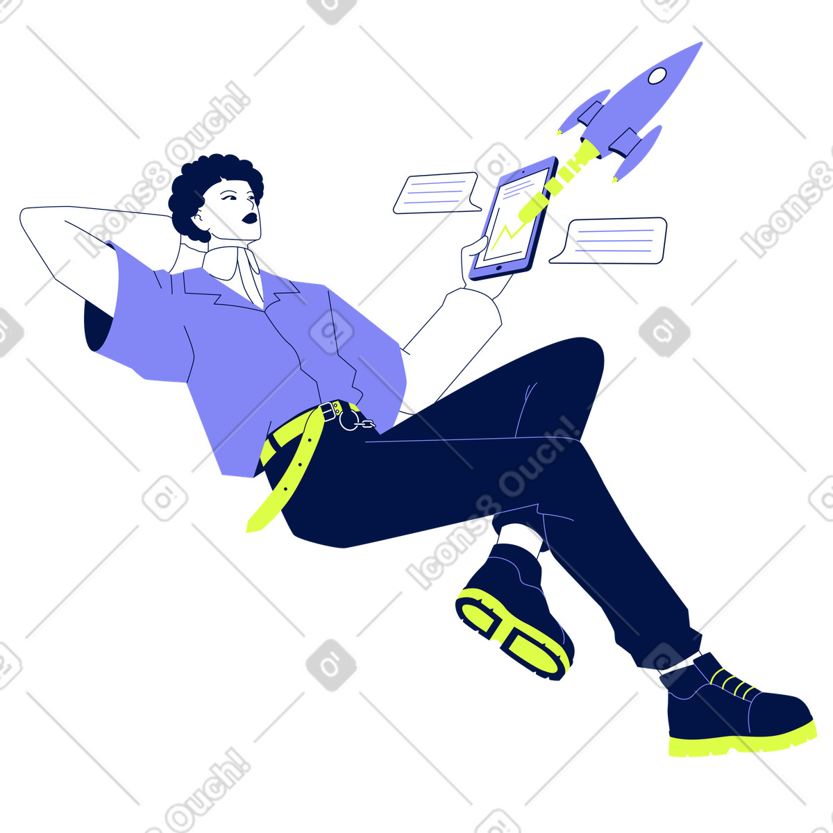 Ilustração de Relaxed founder launching rocket from tablet em no estilo Glow para baixar em PNG, SVG