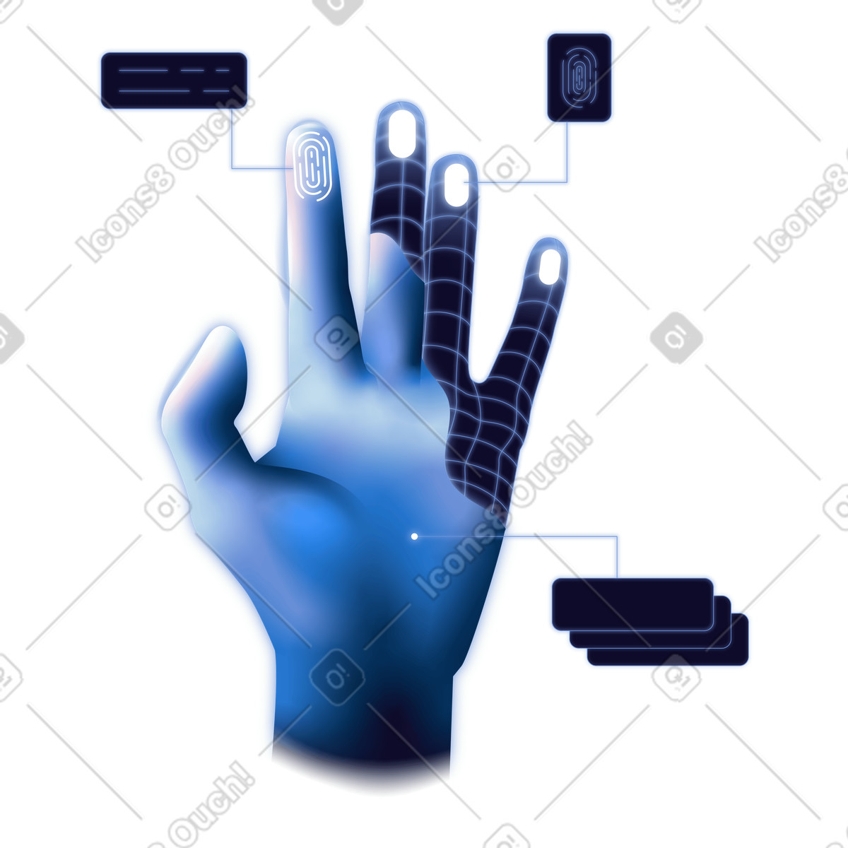 Ilustração de Hand with biometric and interface overlays, authentication system em no estilo Dimension para baixar em PNG, SVG