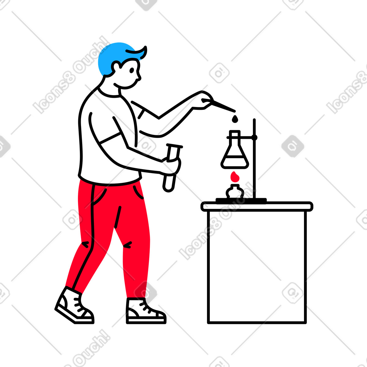 Ilustração de Homem adiciona uma gota de líquido a um frasco suspenso sobre um queimador em PNG e SVG