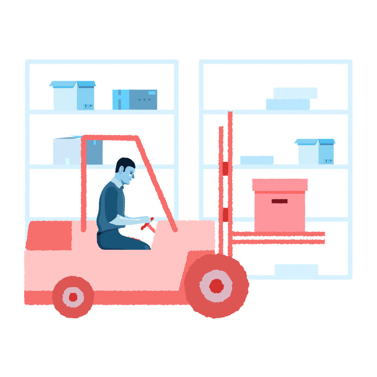Illustration Man working on a forklift in warehouse dans le style Cherry à télécharger aux formats PNG, SVG