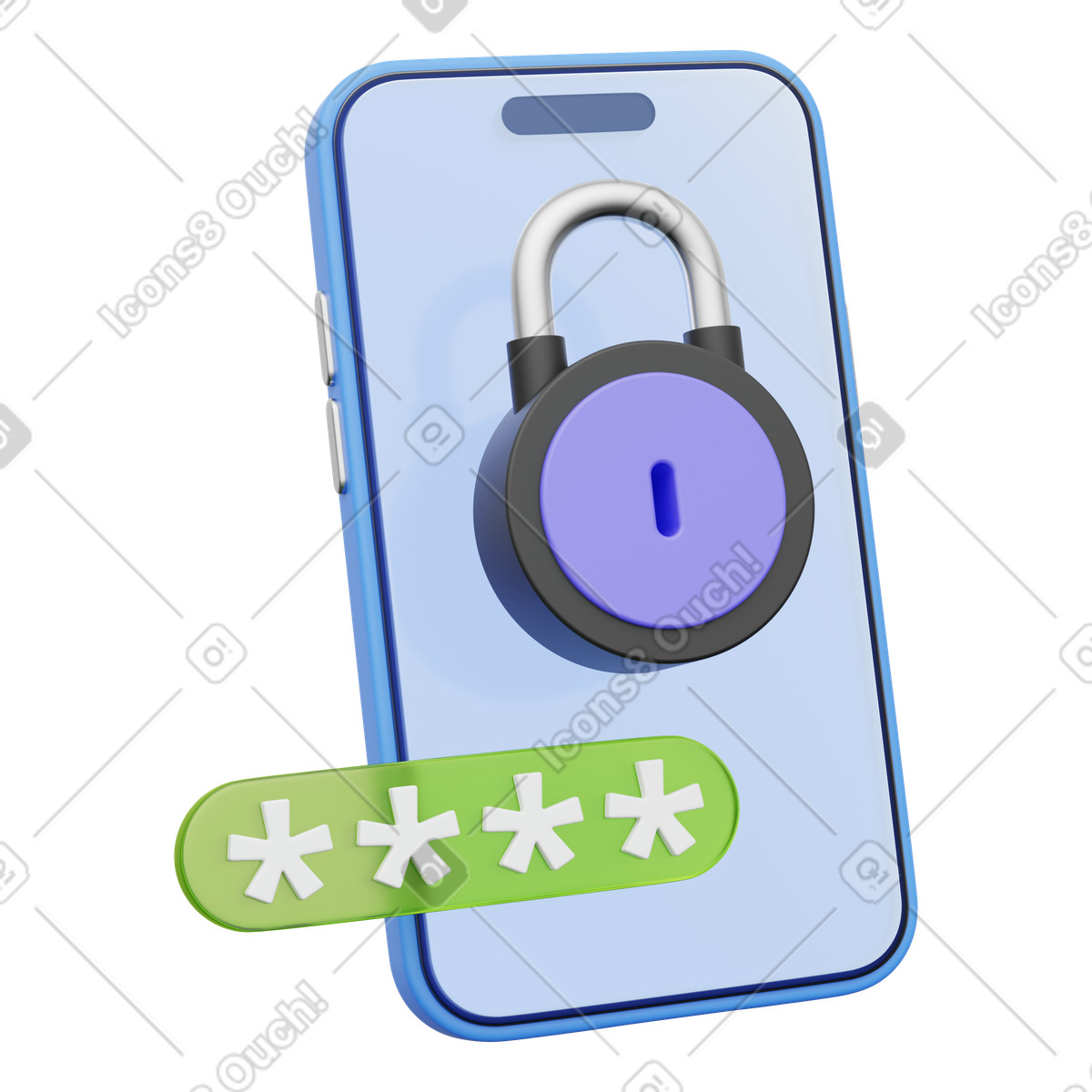 Mobile device security, Access control, Locked phone screen with passcode illustration in 3D Playful style download in PNG, SVG