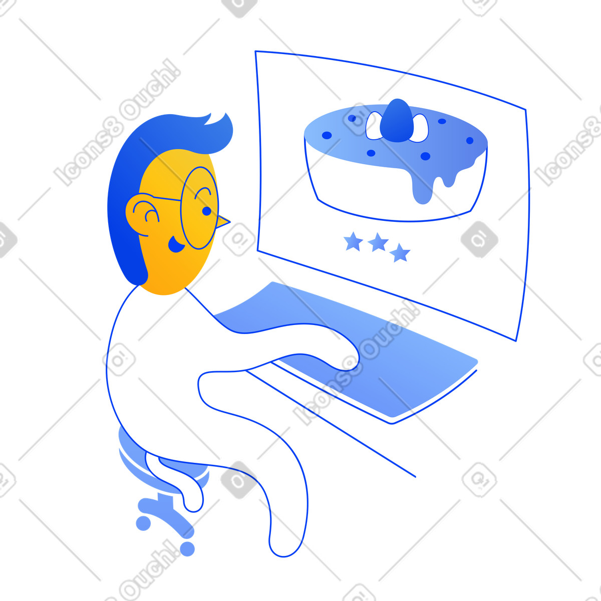 Illustration Personnage achetant des bonbons en ligne sur ordinateur dans le style Buddy à télécharger aux formats PNG, SVG