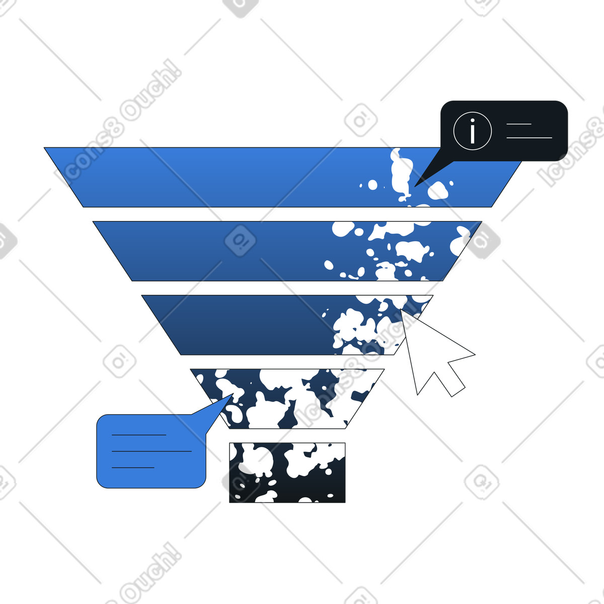 Conversion funnel with speech and info bubbles, Marketing analytics and tracking illustration in Midnight style download in PNG, SVG