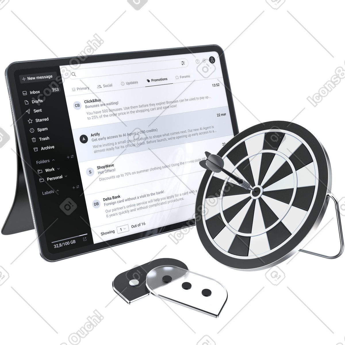 Casella di posta del tablet con email promozionali e bersaglio per le freccette, marketing targeting pubblico illustrazione in stile 3D Pro scarica in PNG, SVG
