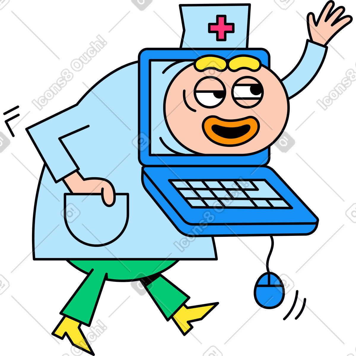 Ilustración Médico en una computadora portátil con un mouse cable estilo Droll a descargar PNG y SVG