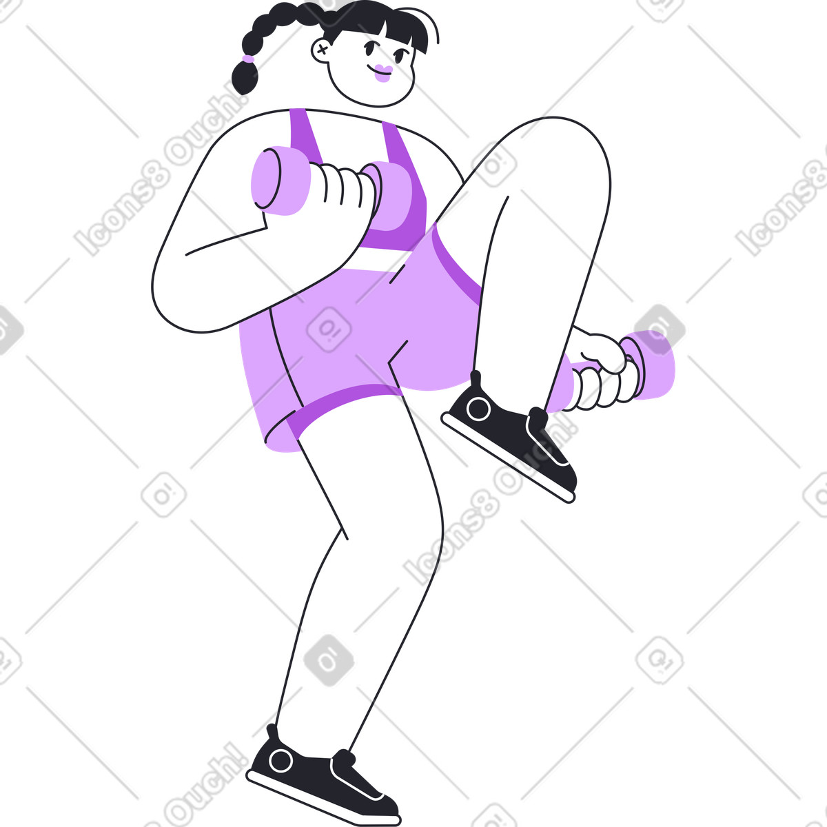 Girl with dumbbells wearing purple gym suit and lifting leg illustration in Grapy style download in PNG, SVG
