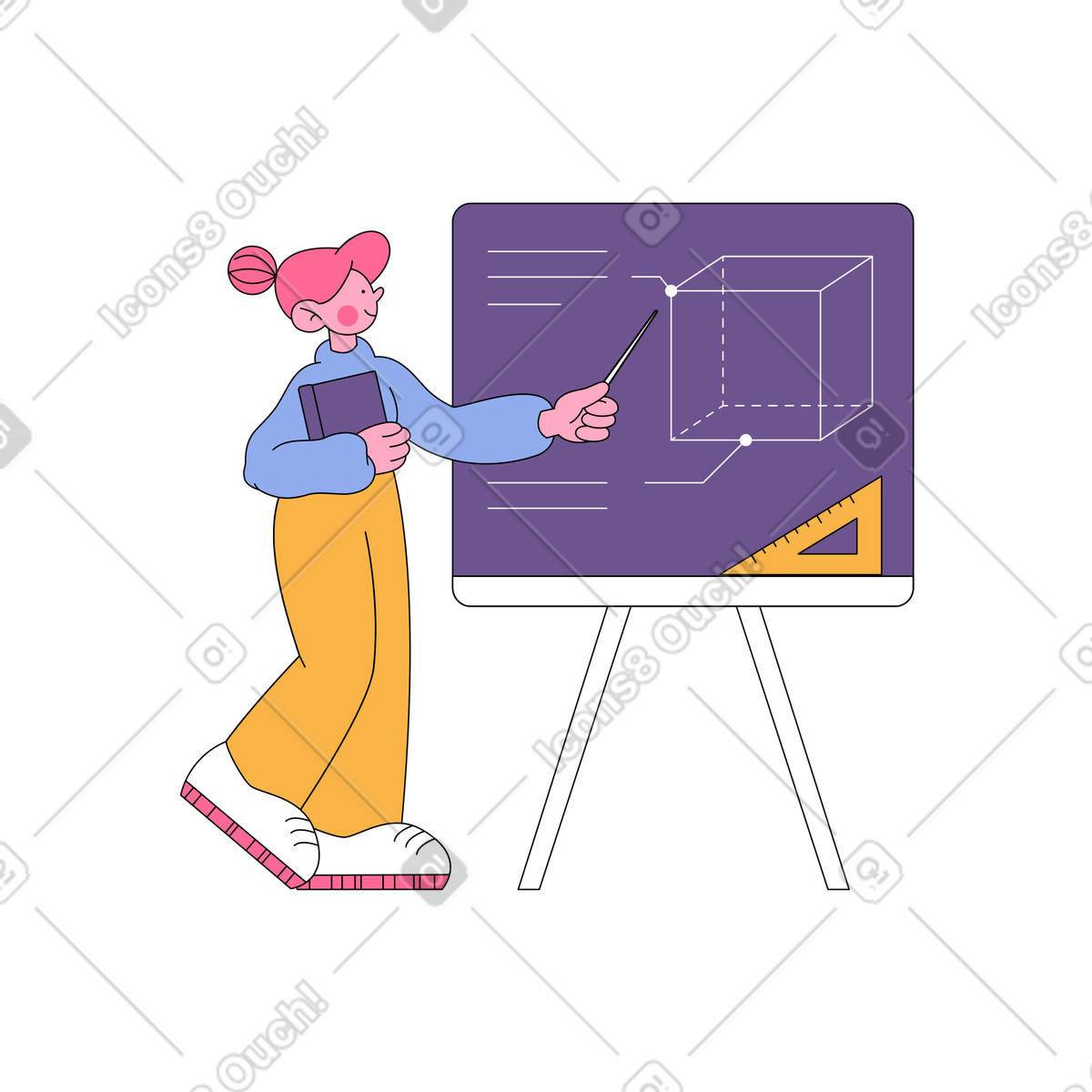 Woman teacher pointing at blackboard illustration in Bloom style download in PNG, SVG