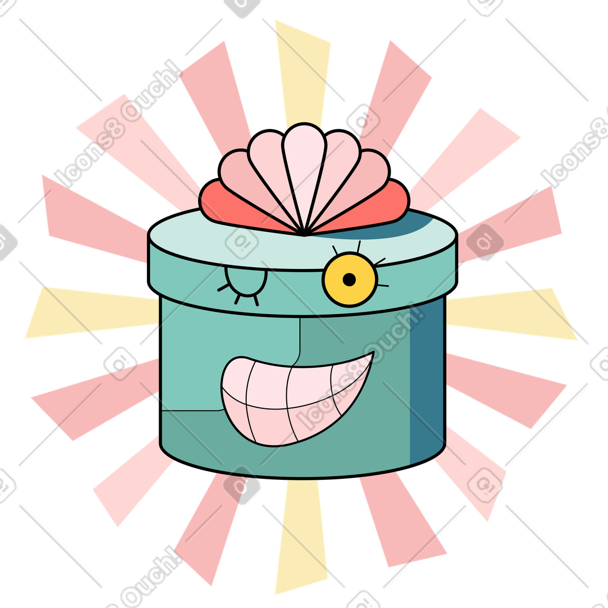Surr 스타일의 Round gift box with smiling face, Fun surprise or celebration 일러스트레이션 PNG, SVG 다운로드