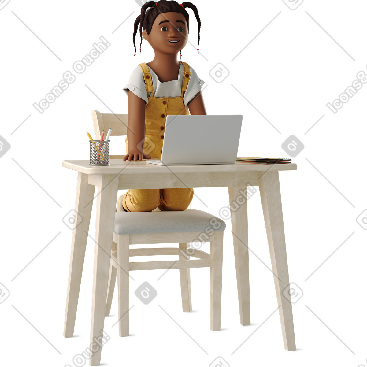 Little girl at a table with laptop illustration in 3D Business style download in PNG, SVG