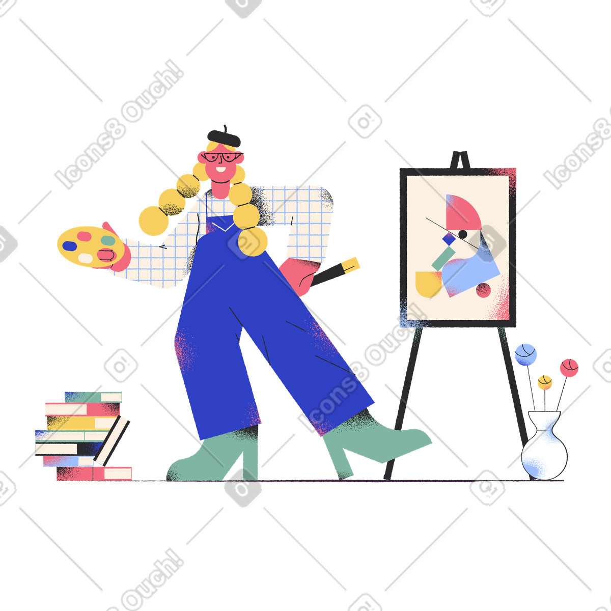 Illustration Artiste heureux avec palette et pinceau dans le style Pablo à télécharger aux formats PNG, SVG