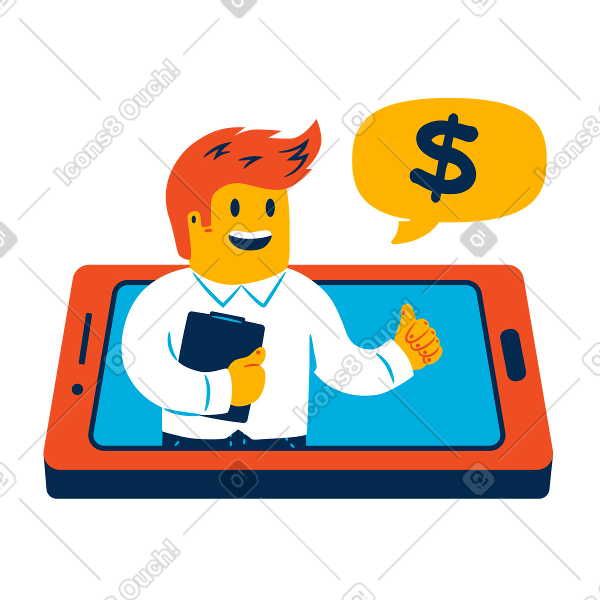 Flame スタイルの スマートフォンから話すオンラインセールスマン のイラストをPNG、SVG形式でダウンロード