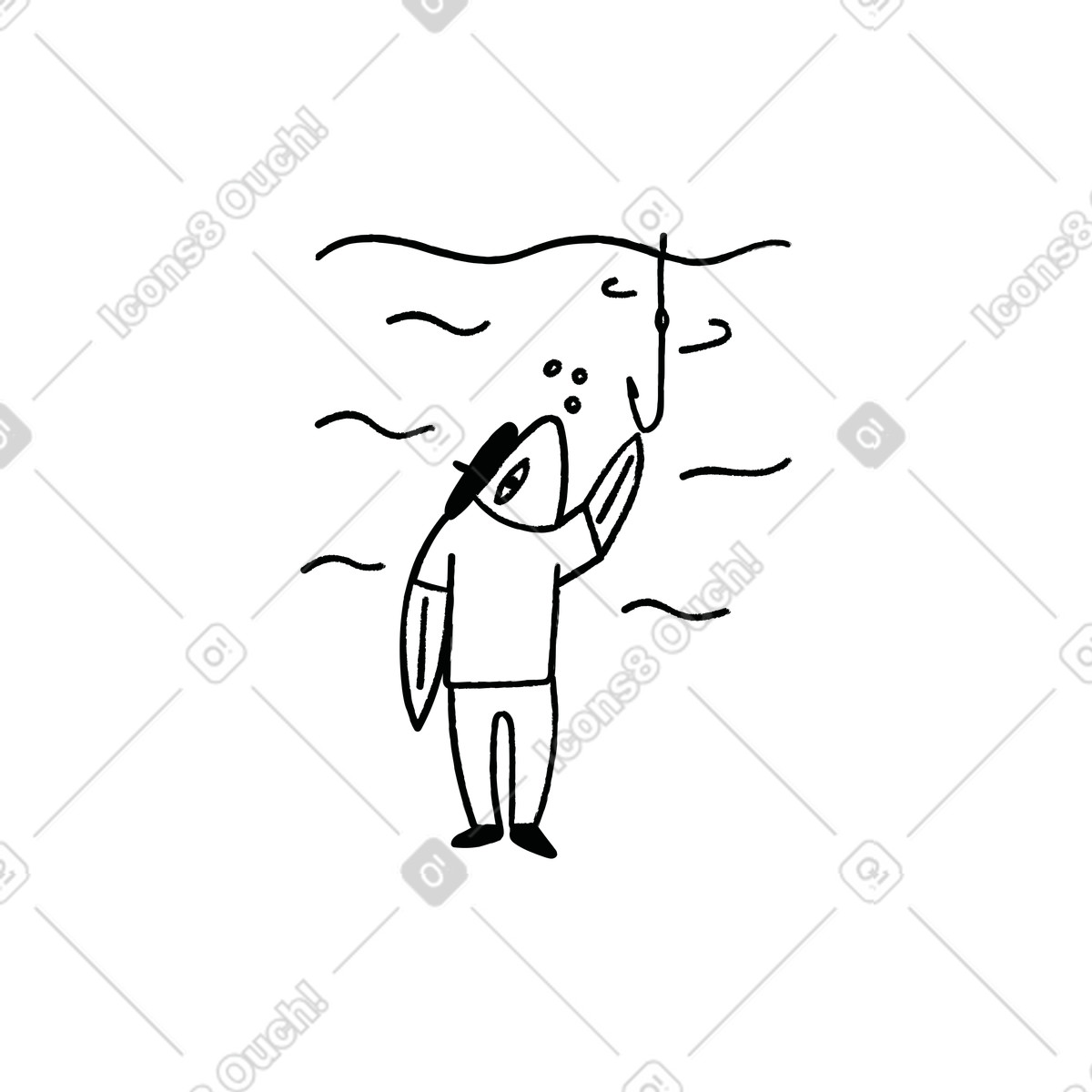 Fish character and fishing hook, Fatal error or bad gateway concept illustrazione in stile Cole scarica in PNG, SVG