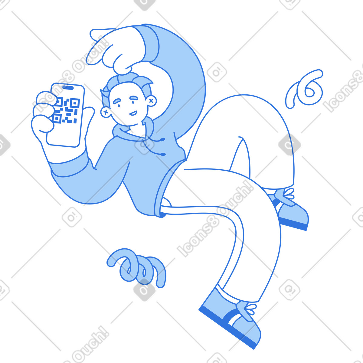 Person holding smartphone with QR code, digital ticketing and mobile payment illustration in Sky style download in PNG, SVG